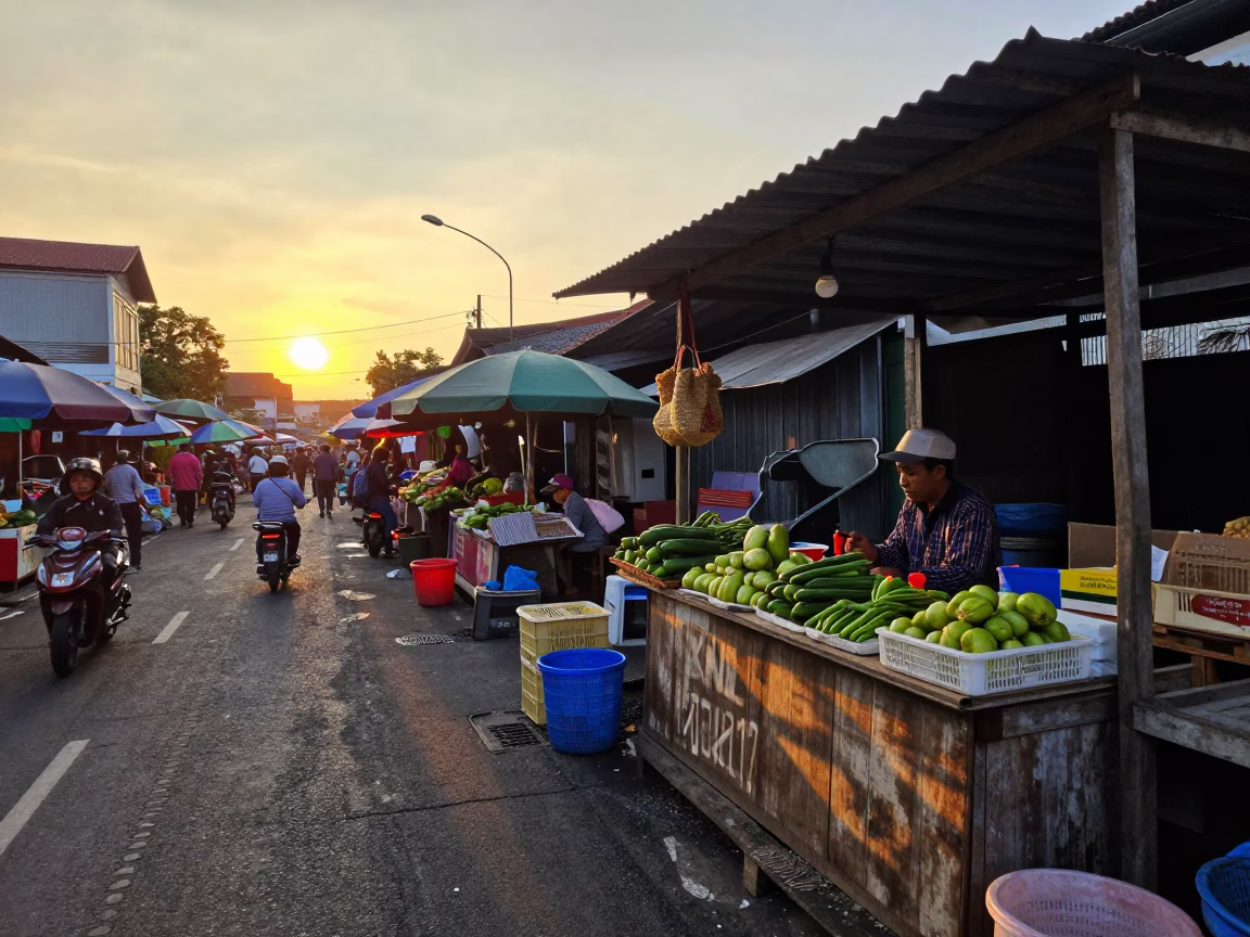 Surabaya Indonesia Street Scene at Sunset with Local Market Vendors and Wooden Stalls in in Surabaya, Indonesia