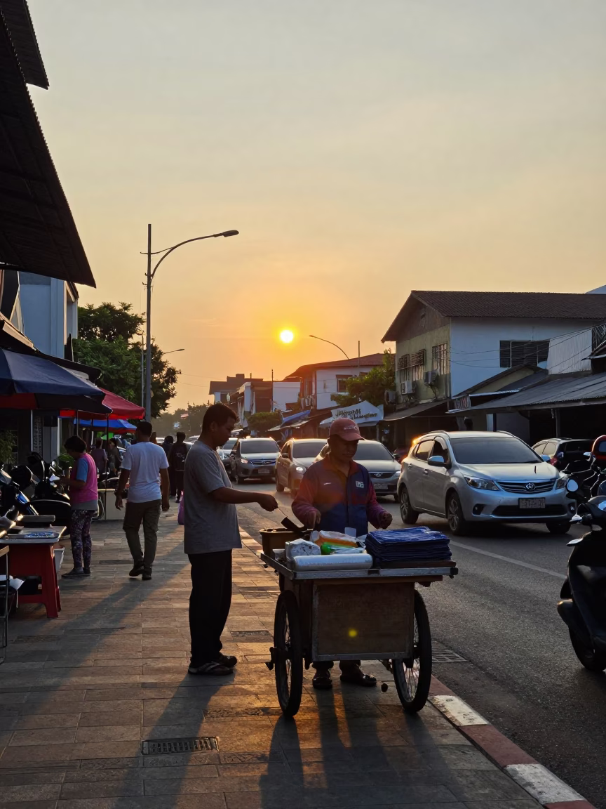 Surabaya Indonesia Street Scene at Sunset with Local Vendor and Traditional Elements in in Surabaya, Indonesia