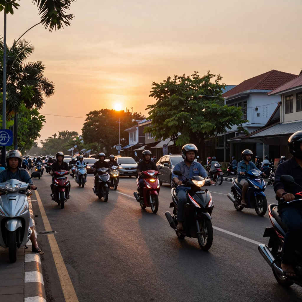 Surabaya Indonesia street scene at sunset with motorcycle traffic and street vendors in in Surabaya, Indonesia