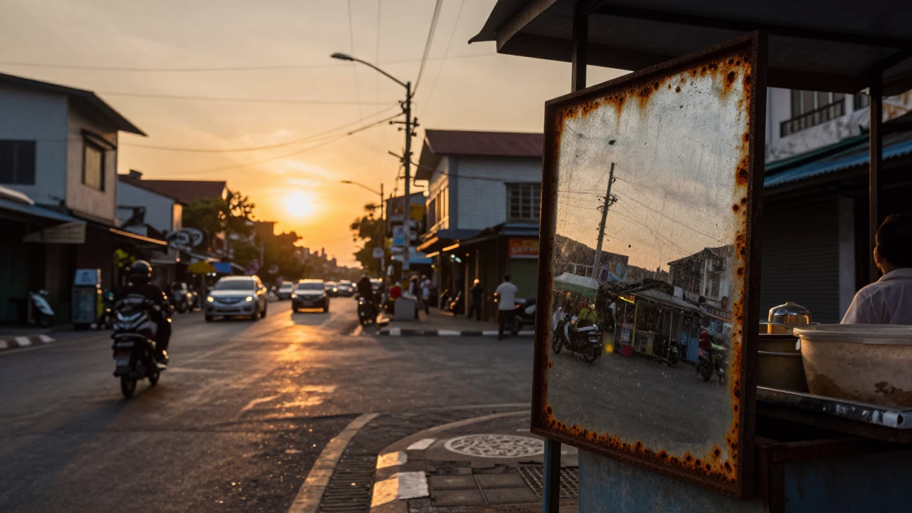 Surabaya Indonesia Street Scene at Sunset with Rusty Mirror and Window Fan in in Surabaya, Indonesia