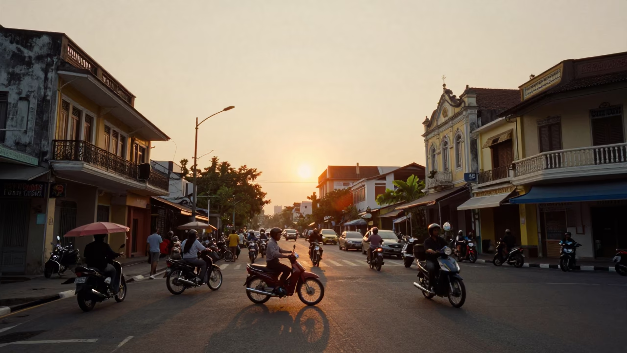 Surabaya Indonesia Street Scene at Sunset with Traditional Motorcycles and Local Vendors in in Surabaya, Indonesia