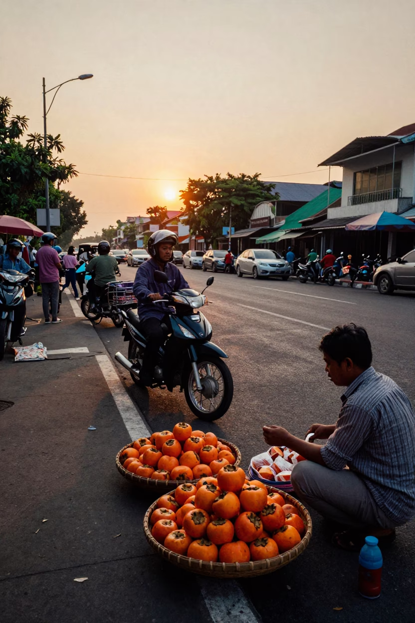 Surabaya Indonesia street scene at sunset with vendor and local life in in Surabaya, Indonesia