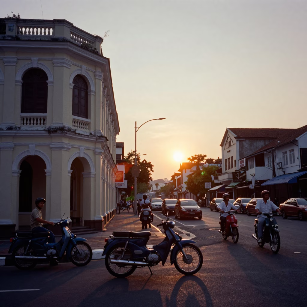 Surabaya Indonesia Street Scene at Sunset with Vintage Motorcycles and Local Life in in Surabaya, Indonesia