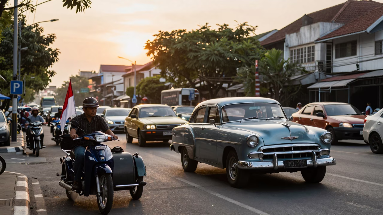 Surabaya Indonesia street scene at sunset with vintage vehicles and local life in in Surabaya, Indonesia