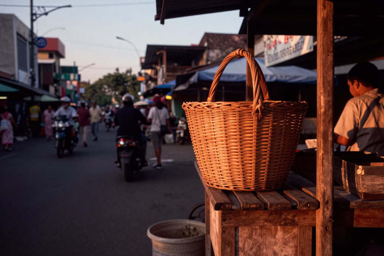 Surabaya Indonesia Street Scene Before Dusk with Wicker Shadow and Steam Haze in in Surabaya, Indonesia