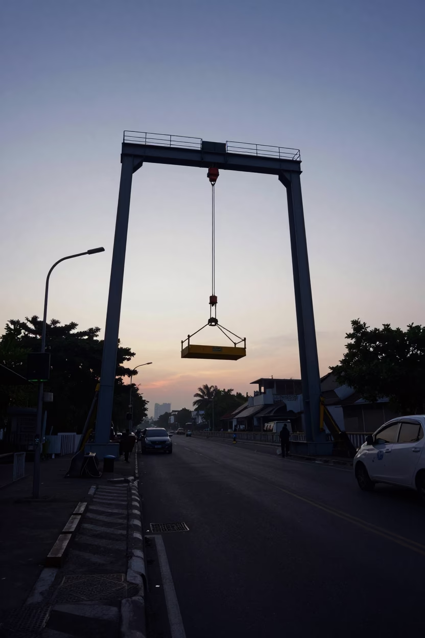 Surabaya Indonesia street scene before sunrise with bridge maintenance cradle and morning mist in in Surabaya, Indonesia
