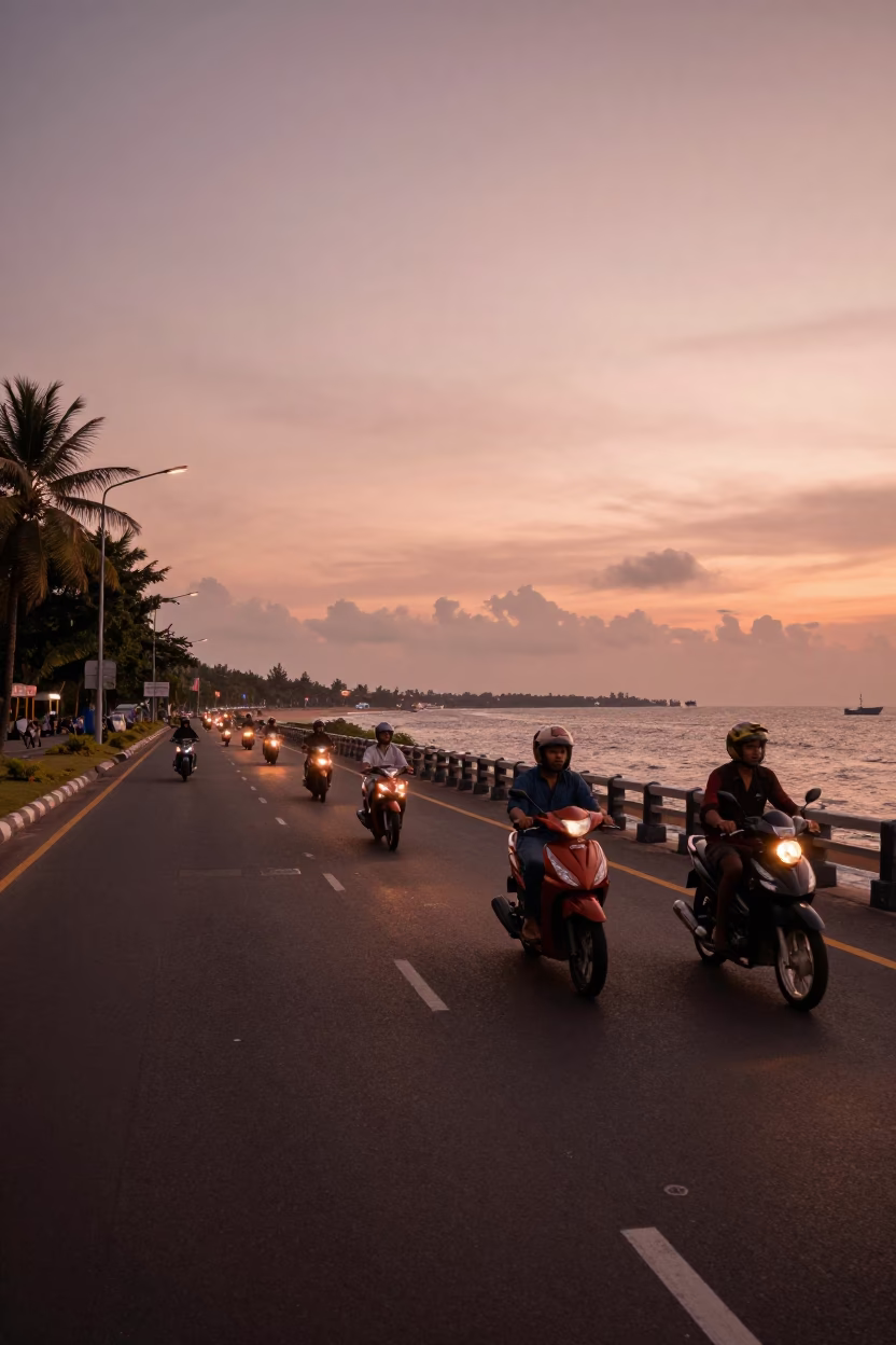 Surabaya Indonesia Street Scene Copper Dusk Light Motorcycle Convoy Coastal Highway in in Surabaya, Indonesia