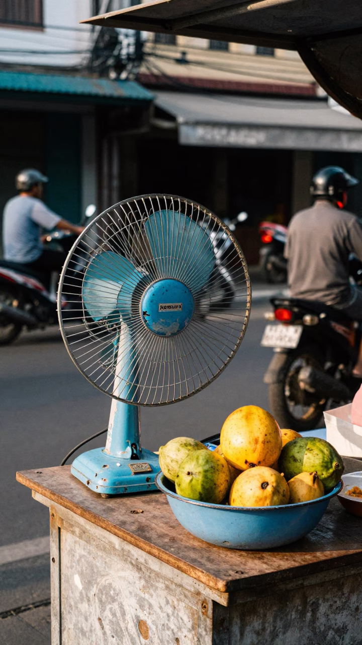 Surabaya Indonesia Street Scene Early Afternoon with Chipped Blue Enamel Bowl and Table Fan in in Surabaya, Indonesia
