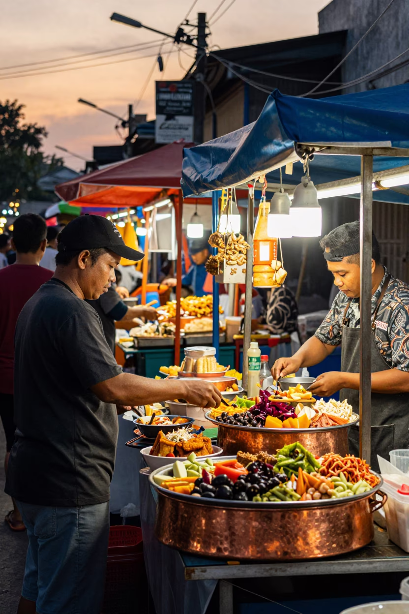 Surabaya Indonesia Street Scene Evening Market with Mezze Spread on Copper Tray in in Surabaya, Indonesia
