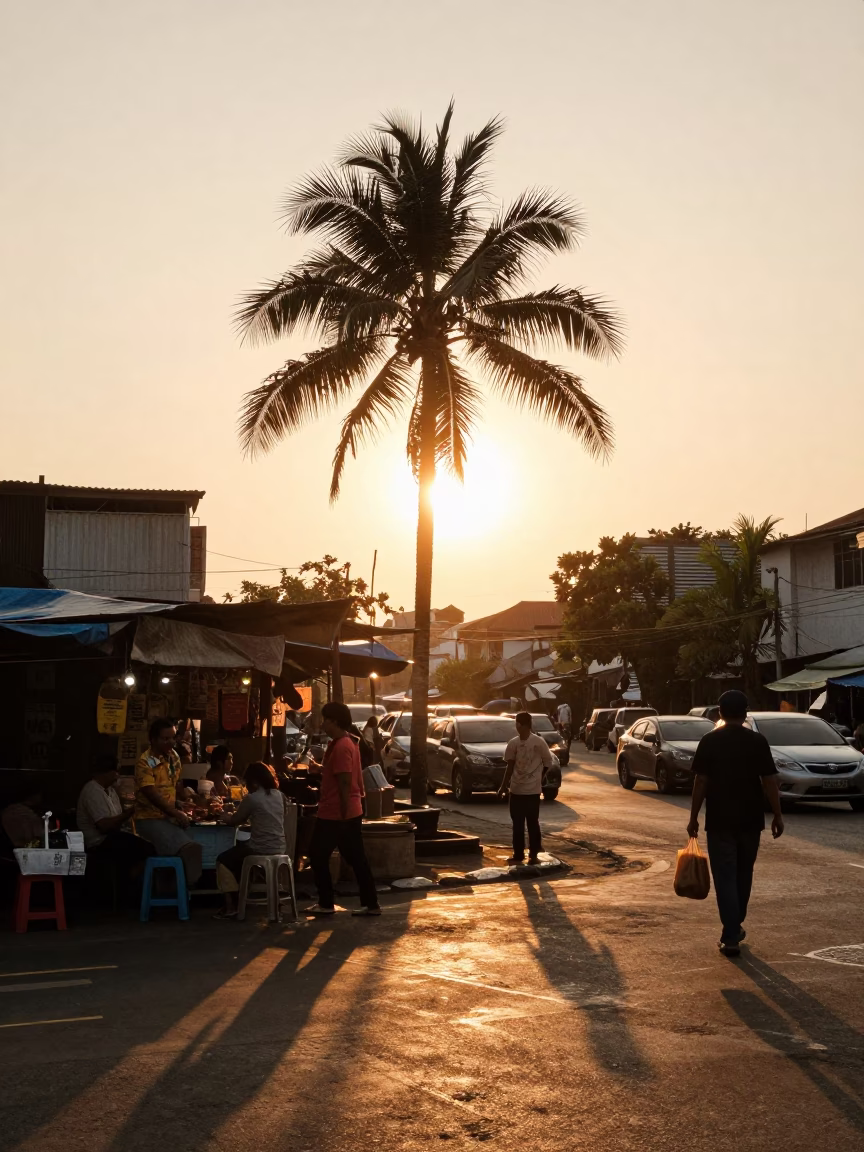 Surabaya Indonesia Street Scene Honeyed Evening Light Palm Tree Silhouette and Local Market Activity in in Surabaya, Indonesia