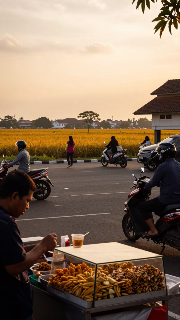 Surabaya Indonesia Street Scene Honeyed Evening Light Turmeric Field Background in in Surabaya, Indonesia