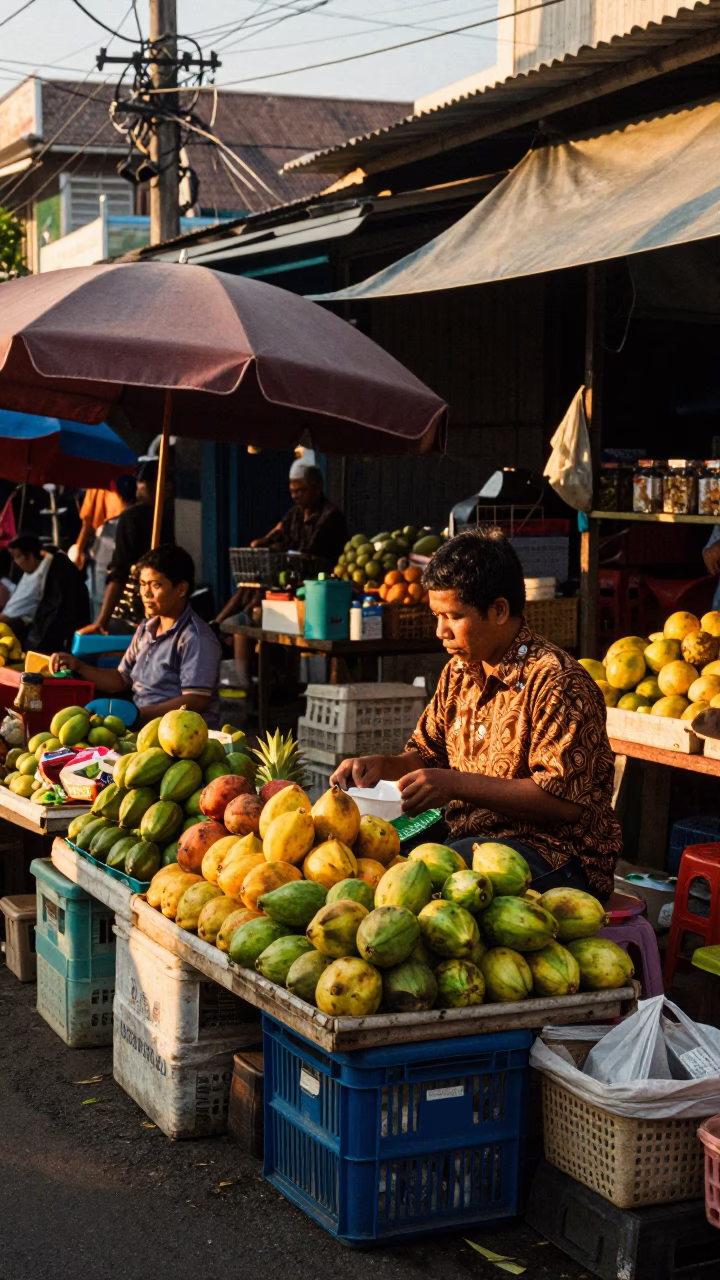 Surabaya Indonesia Street Scene Honeyed Evening Light with Local Market Activity and Traditional Elements in in Surabaya, Indonesia