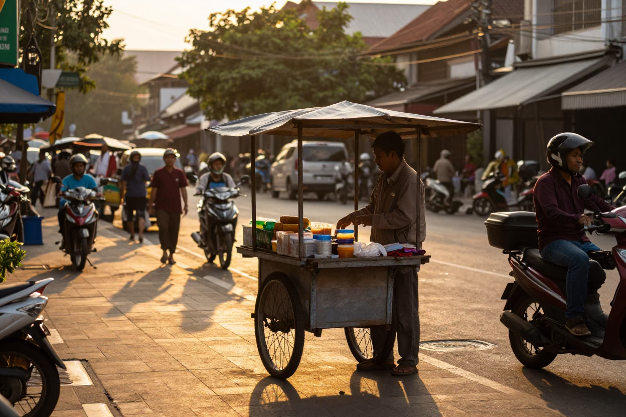 Surabaya Indonesia Street Scene Honeyed Evening Light with Local Vendor and Bicycle in in Surabaya, Indonesia