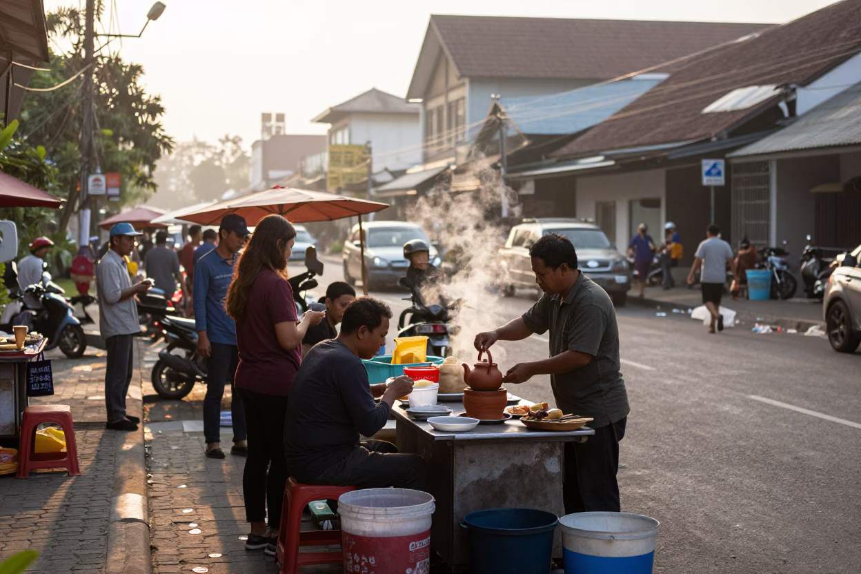 Surabaya Indonesia Street Scene Just After Sunrise with Local Morning Activity in in Surabaya, Indonesia