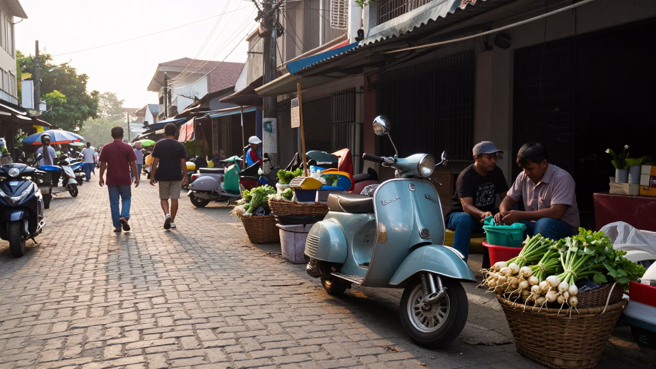 Surabaya Indonesia Street Scene Just After Sunrise with Vintage Vespa and Local Market Activity in in Surabaya, Indonesia