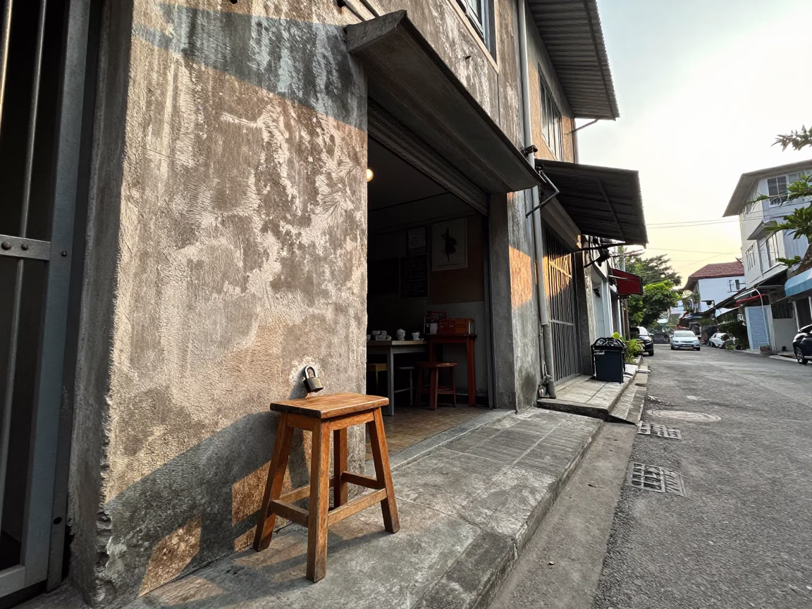 Surabaya Indonesia street scene just after sunrise with wooden stool and padlock on gate in in Surabaya, Indonesia