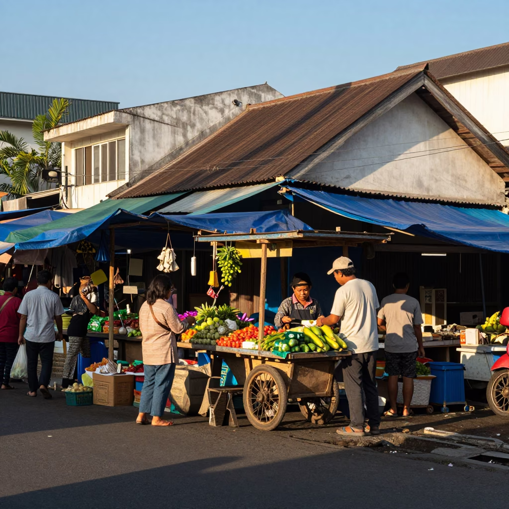 Surabaya Indonesia Street Scene Late Afternoon Light with Local Market Activity in in Surabaya, Indonesia