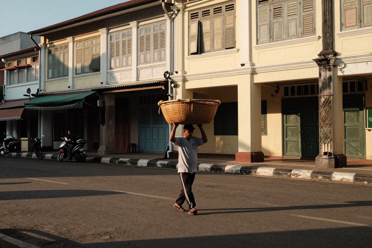 Surabaya Indonesia Street Scene Late Afternoon Light with Local Vendor and Bicycle in in Surabaya, Indonesia