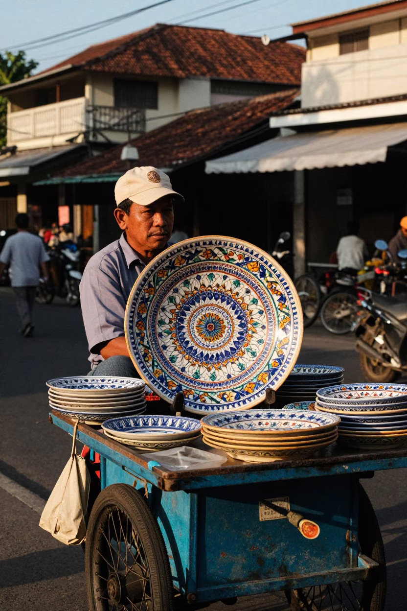 Surabaya Indonesia street scene late afternoon light with vintage majolica plate and terracotta pots in in Surabaya, Indonesia