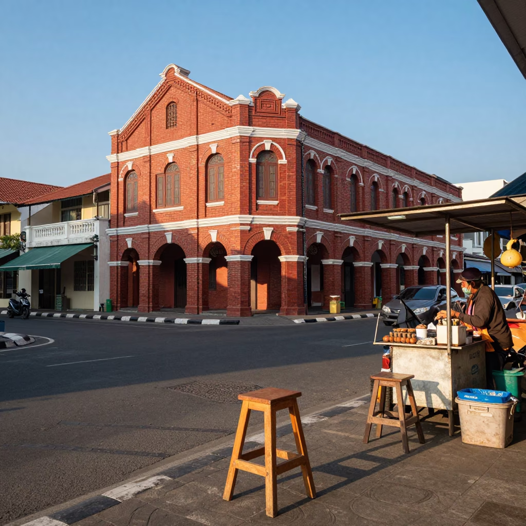Surabaya Indonesia Street Scene Late Afternoon Light with Wooden Stool and Local Market Activity in in Surabaya, Indonesia