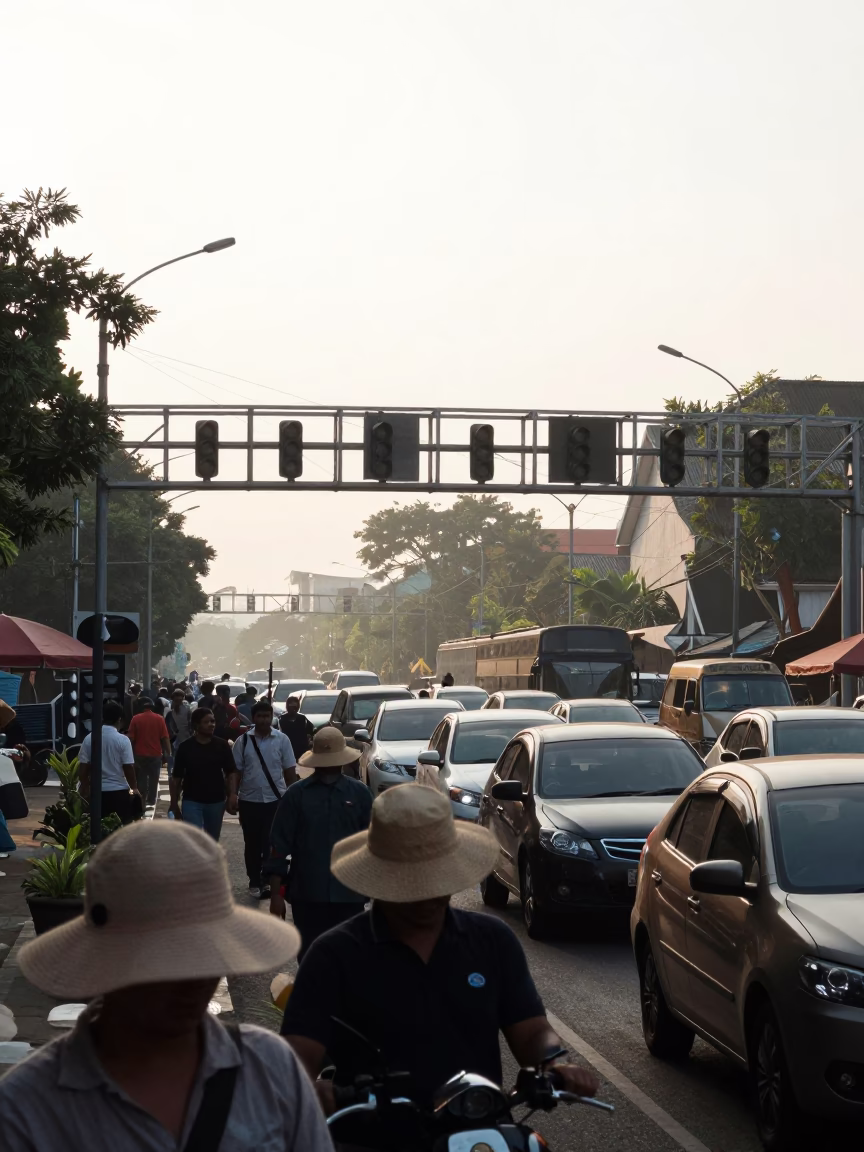 Surabaya Indonesia Street Scene Morning Commute with Sun Hats and Signal Gantry in in Surabaya, Indonesia