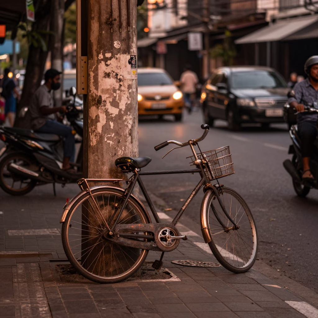 Surabaya Indonesia Street Scene with Bicycle in Copper Dusk Light in in Surabaya, Indonesia