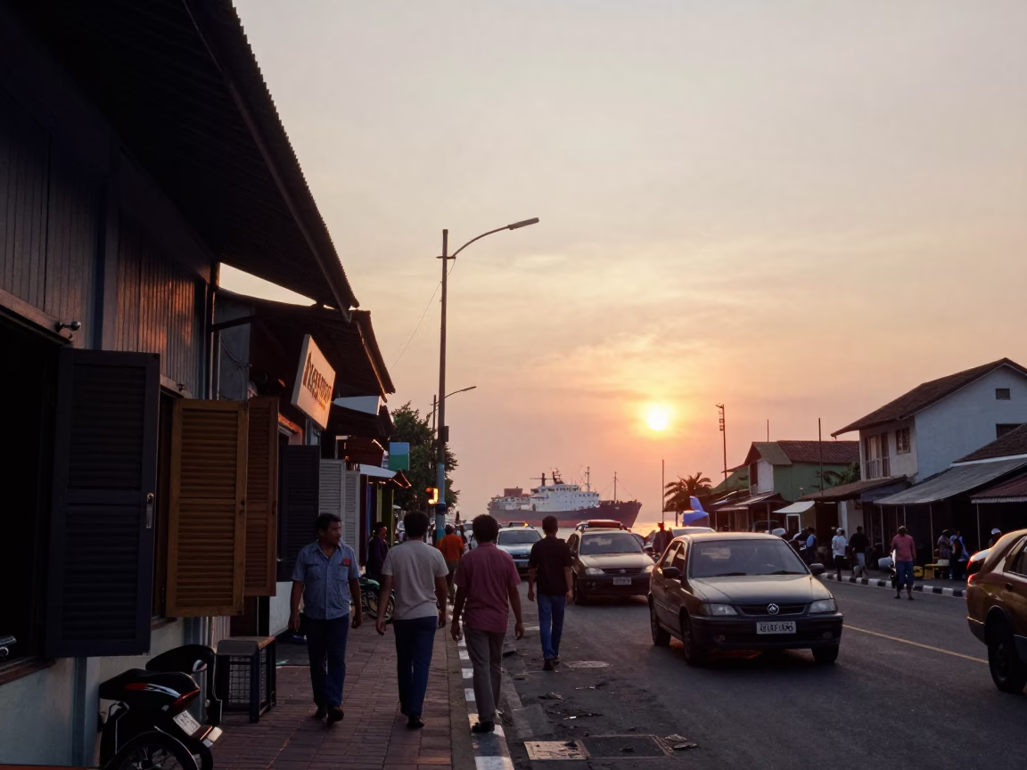 Surabaya Indonesia street scene with cargo ship horizon at sunset in in Surabaya, Indonesia