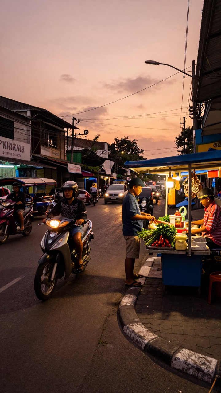 Surabaya Indonesia street scene with copper-toned dusk light and local vendors in in Surabaya, Indonesia