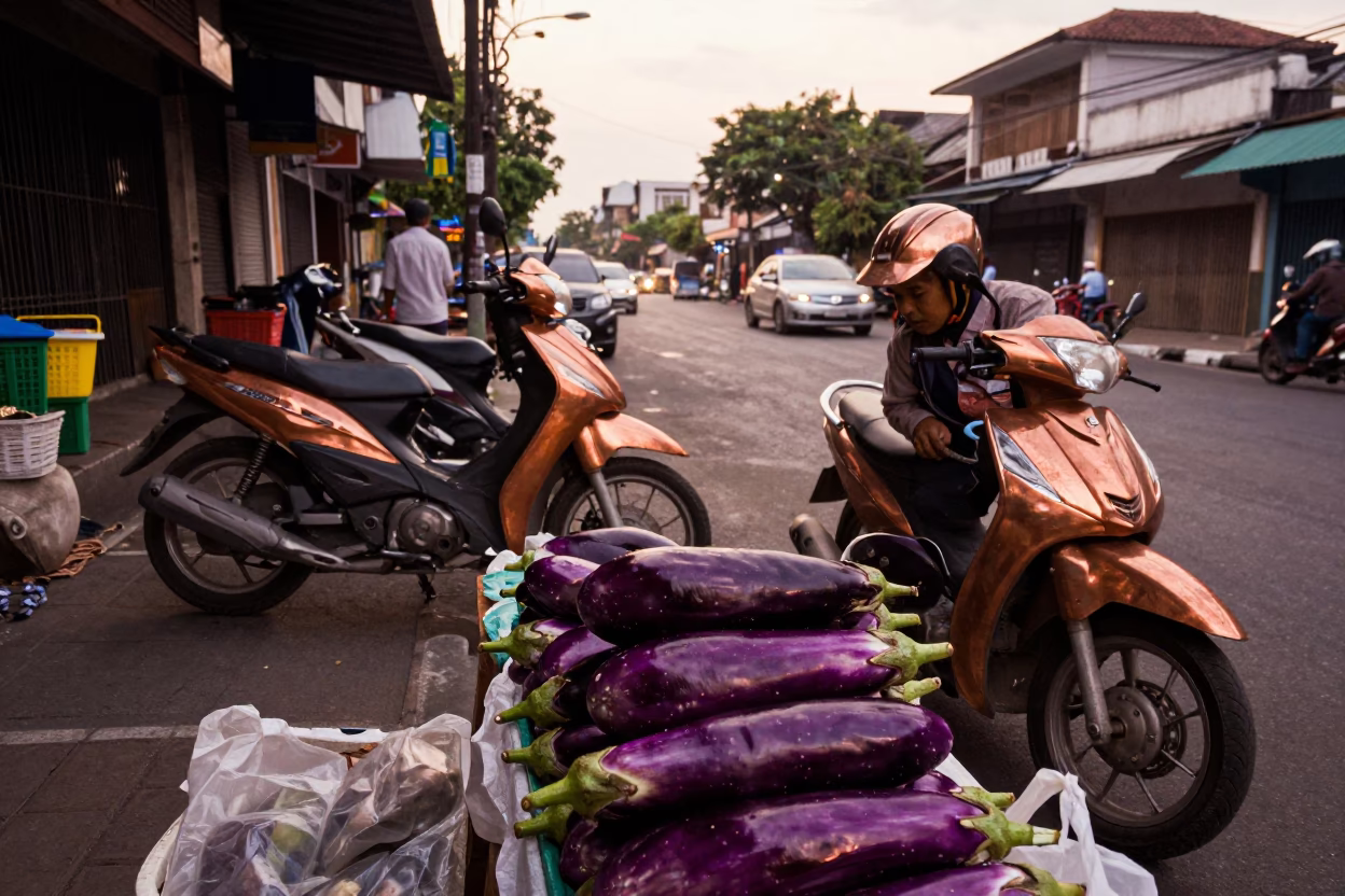 Surabaya Indonesia street scene with eggplants and motorbikes in copper dusk light in in Surabaya, Indonesia