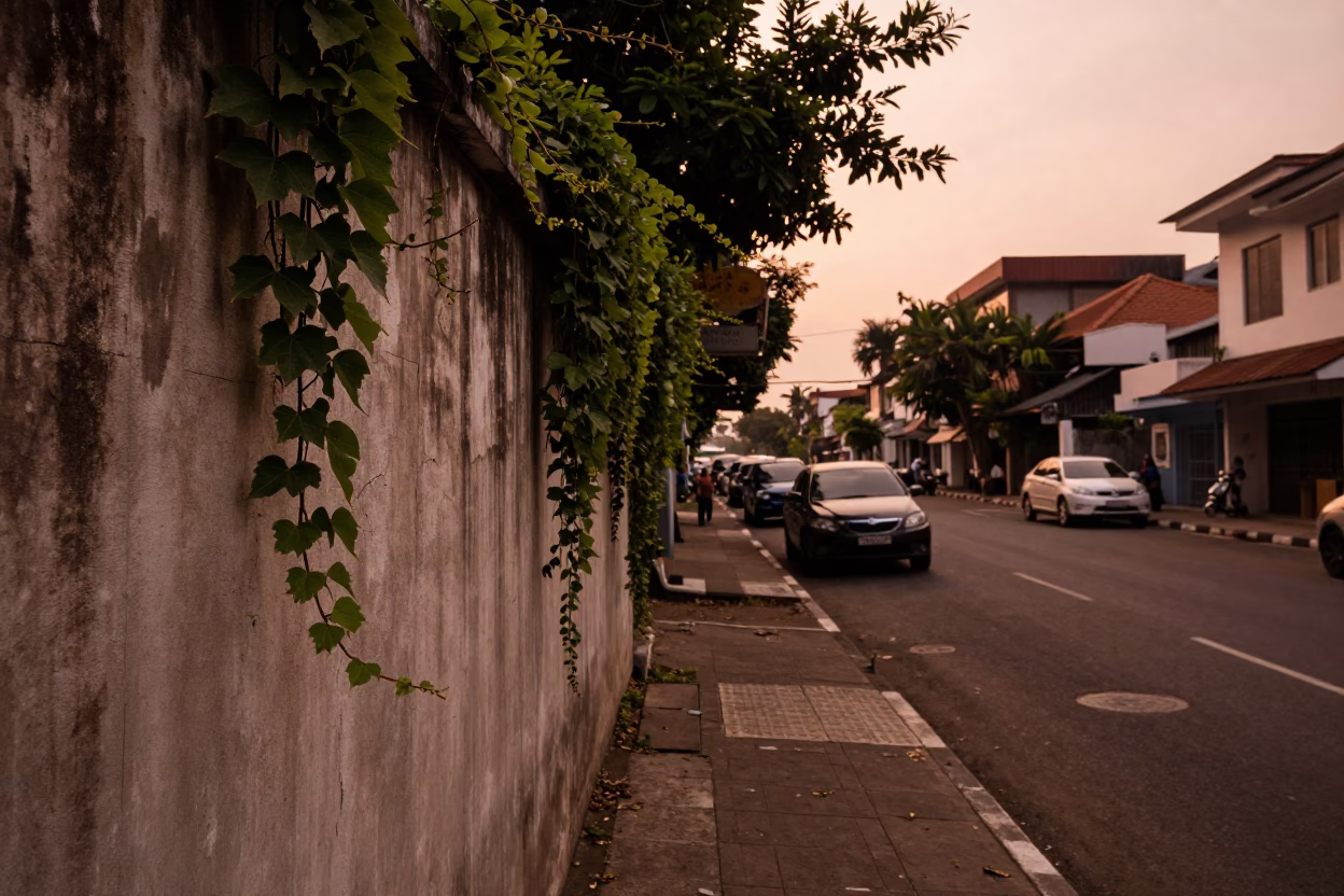 Surabaya Indonesia Street Scene with Ivy Vines and Dusk Light in in Surabaya, Indonesia