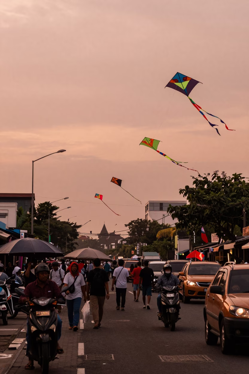 Surabaya Indonesia street scene with kite festival and nasi goreng before dusk in in Surabaya, Indonesia