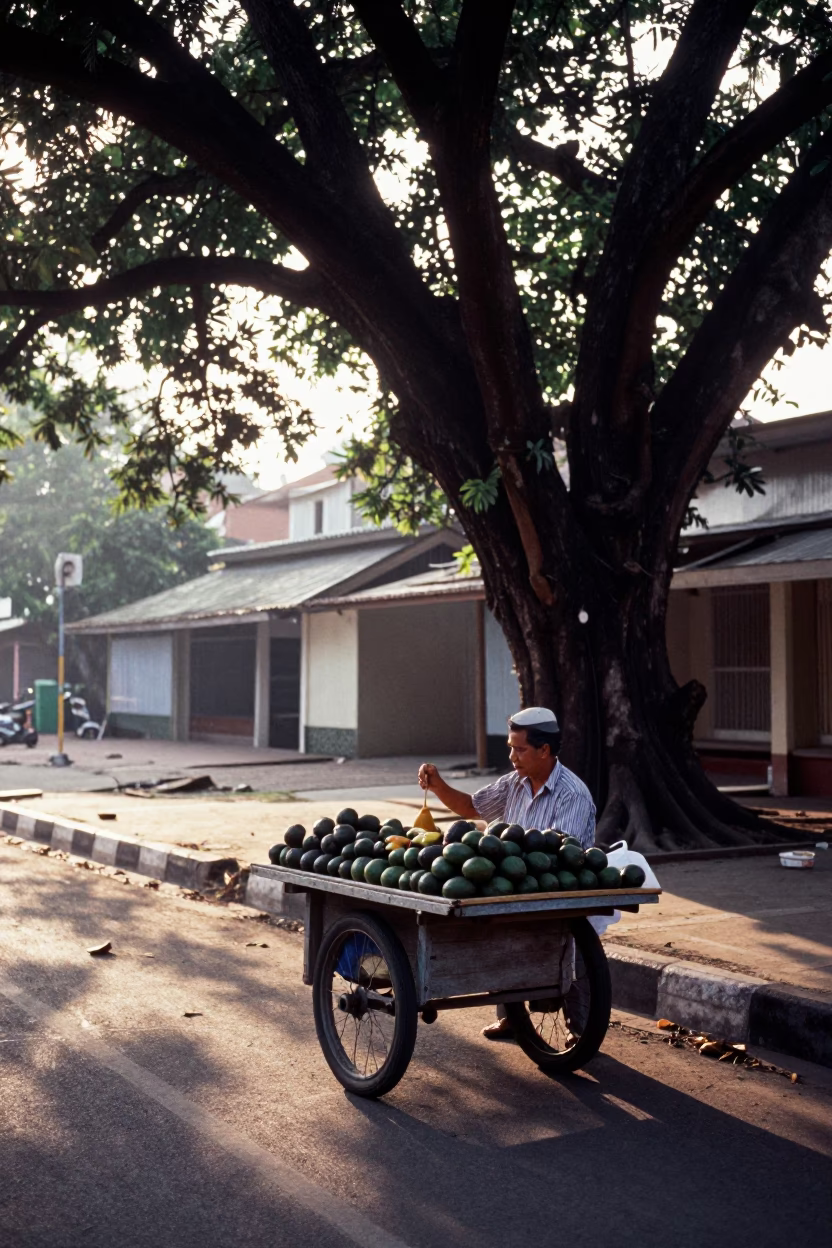 Surabaya Indonesia street scene with local vendor selling avocados after sunrise in in Surabaya, Indonesia