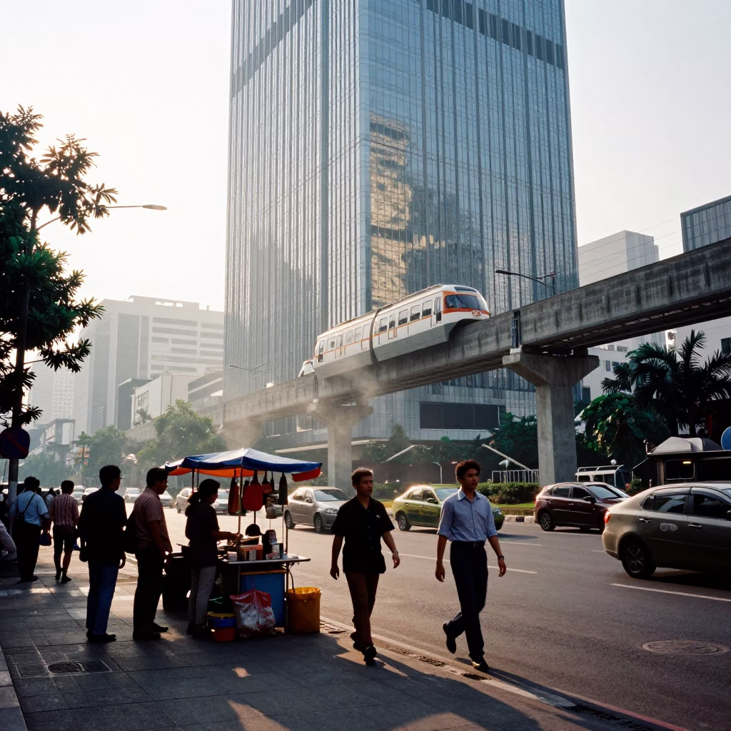 Surabaya Indonesia Street Scene with Monorail Reflection in Glass Skyscraper Early Afternoon in in Surabaya, Indonesia