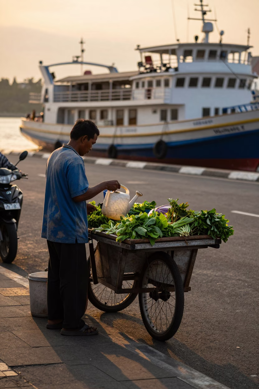 Surabaya Indonesia street scene with vendor and research vessel in honeyed evening light in in Surabaya, Indonesia
