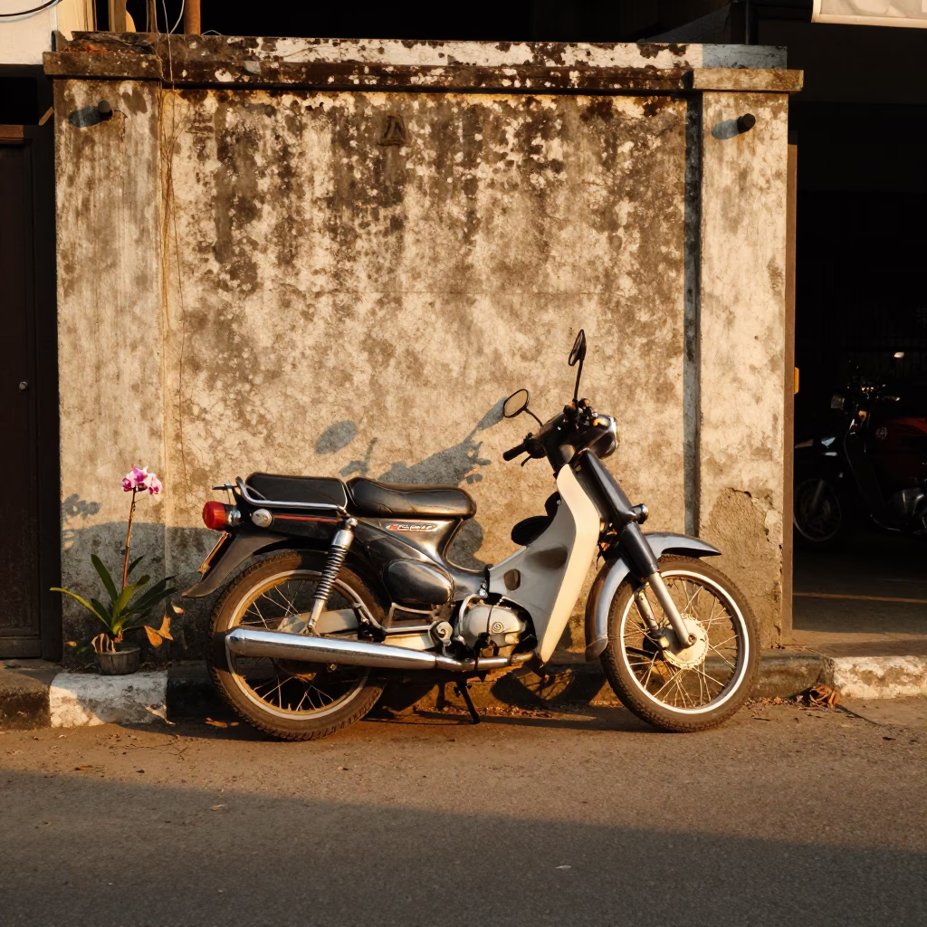 Surabaya Indonesia street scene with vintage motorcycle and tropical orchid in honeyed evening light in in Surabaya, Indonesia