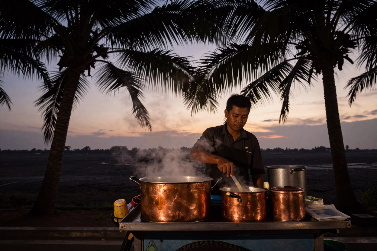 Surabaya Indonesia Street Vendor Cooking at Dusk with Palm Silhouette and Cargo Ship Horizon in in Surabaya, Indonesia