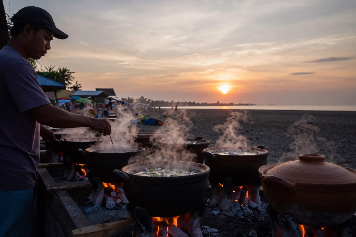 Surabaya Indonesia Street Vendor Cooking Clay Pots at Sunset in in Surabaya, Indonesia