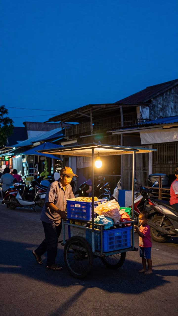 Surabaya Indonesia street vendor indigo twilight with plastic crates and night market activity in in Surabaya, Indonesia