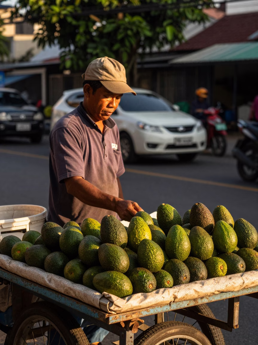 Surabaya Indonesia street vendor selling fresh avocados during golden hour sunset light in in Surabaya, Indonesia