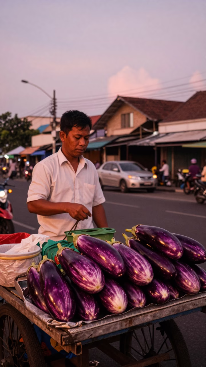 Surabaya Indonesia street vendor selling fresh eggplants under copper dusk light before evening in in Surabaya, Indonesia