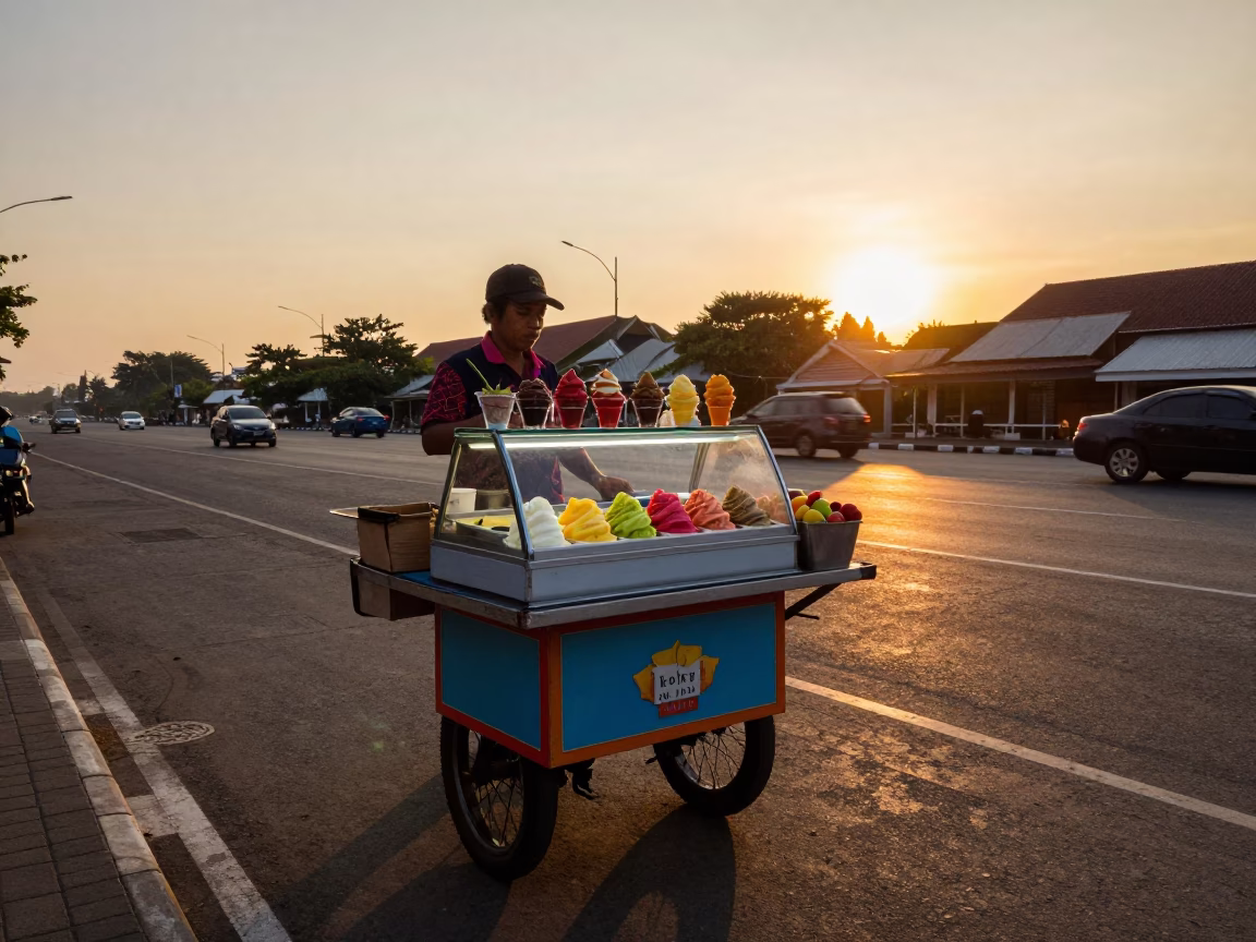 Surabaya Indonesia street vendor selling gelato and fruit at sunset near traditional market in in Surabaya, Indonesia