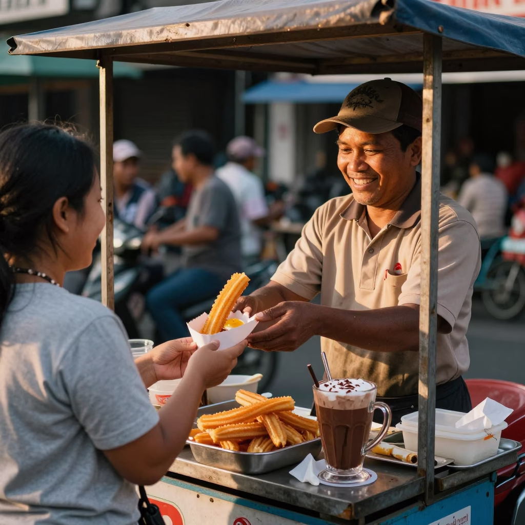 Surabaya Indonesia Street Vendor Selling Spanish Churros and Hot Chocolate in Honeyed Evening Light in in Surabaya, Indonesia