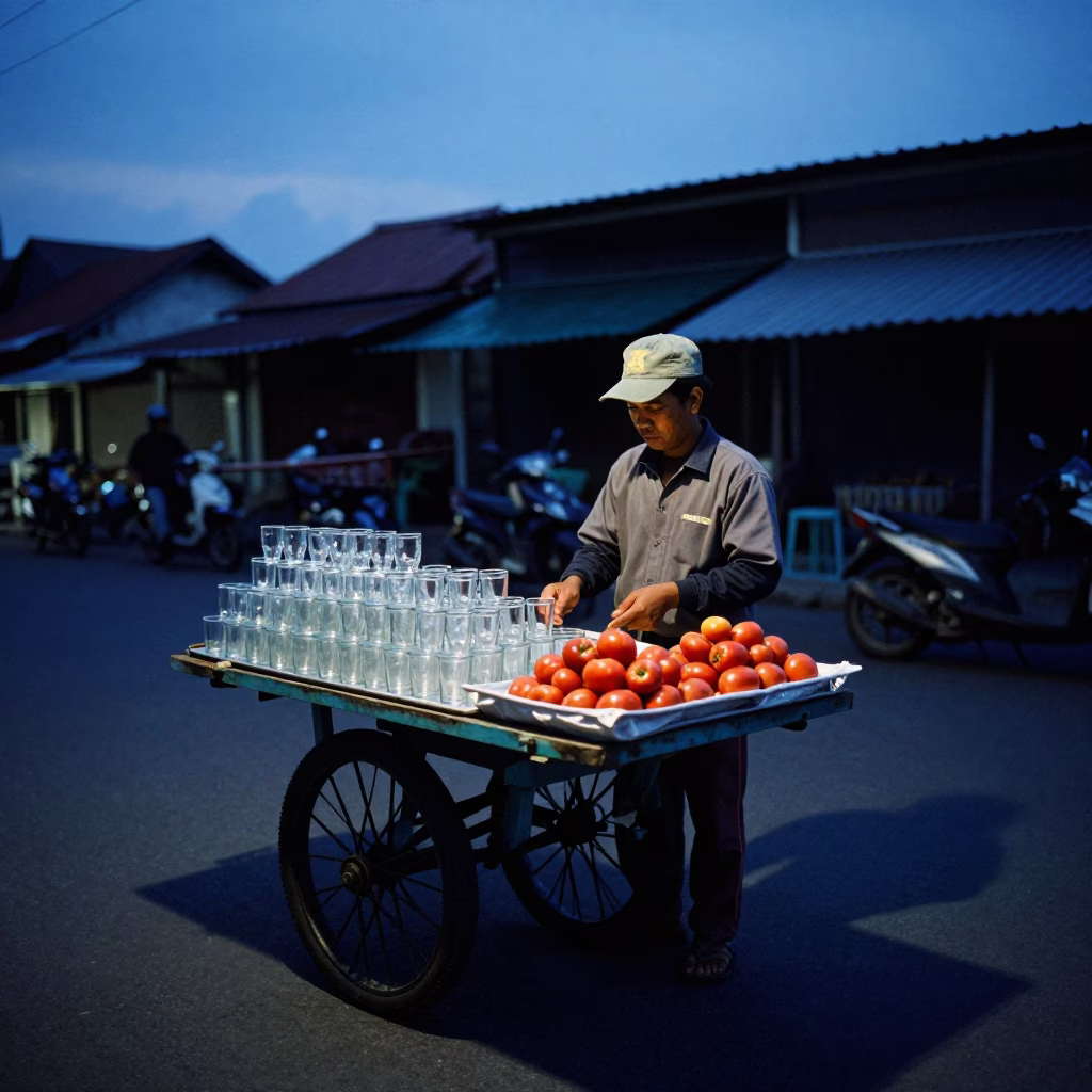Surabaya Indonesia Street Vendor Selling Tomatoes and Glassware Under Indigo Twilight in in Surabaya, Indonesia
