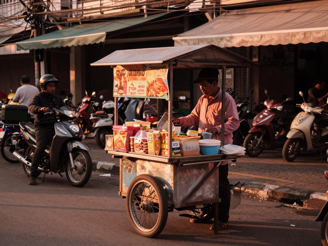 Surabaya Indonesia Street Vendor Serving Local Snack in Copper Toned Light Before Dusk in in Surabaya, Indonesia