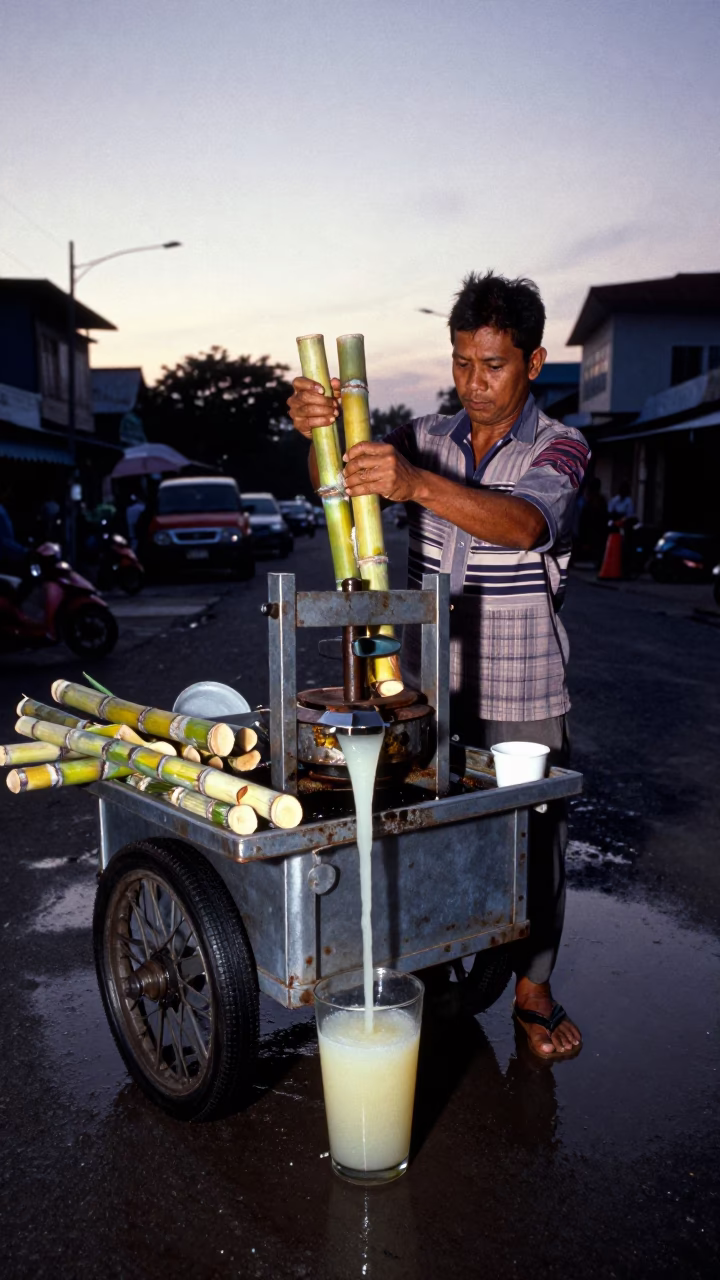 Surabaya Indonesia street vendor with sugarcane juice before dawn puddle reflection in in Surabaya, Indonesia