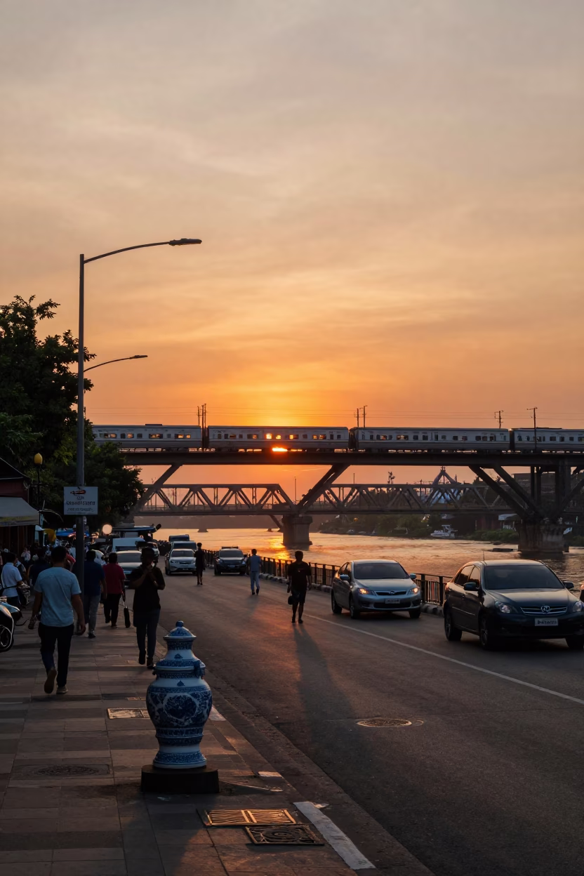 Surabaya Indonesia Sunset Street Scene with Commuter Train Bridge and Local Market Activity in in Surabaya, Indonesia