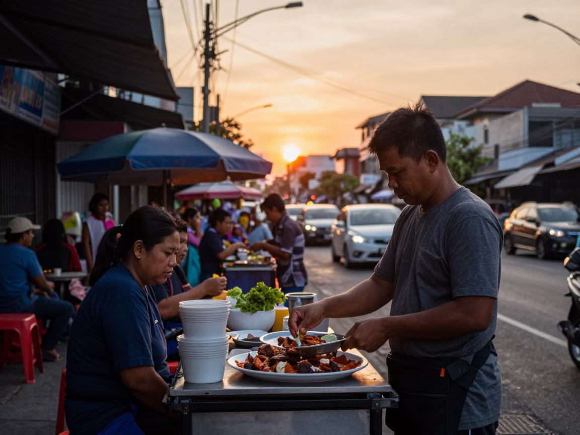 Surabaya Indonesia Sunset Street Scene with Local Food and Daily Life in in Surabaya, Indonesia