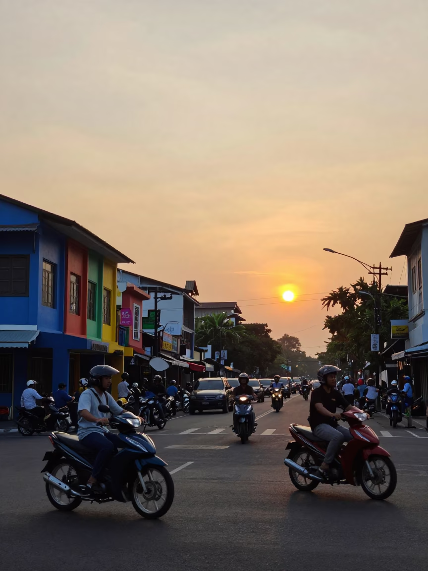 Surabaya Indonesia Sunset Street Scene with Motorbikes and Colorful Shop Signs in in Surabaya, Indonesia