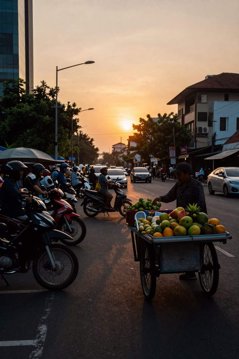 Surabaya Indonesia Sunset Street Scene with Motorbikes and Local Market Activity in in Surabaya, Indonesia