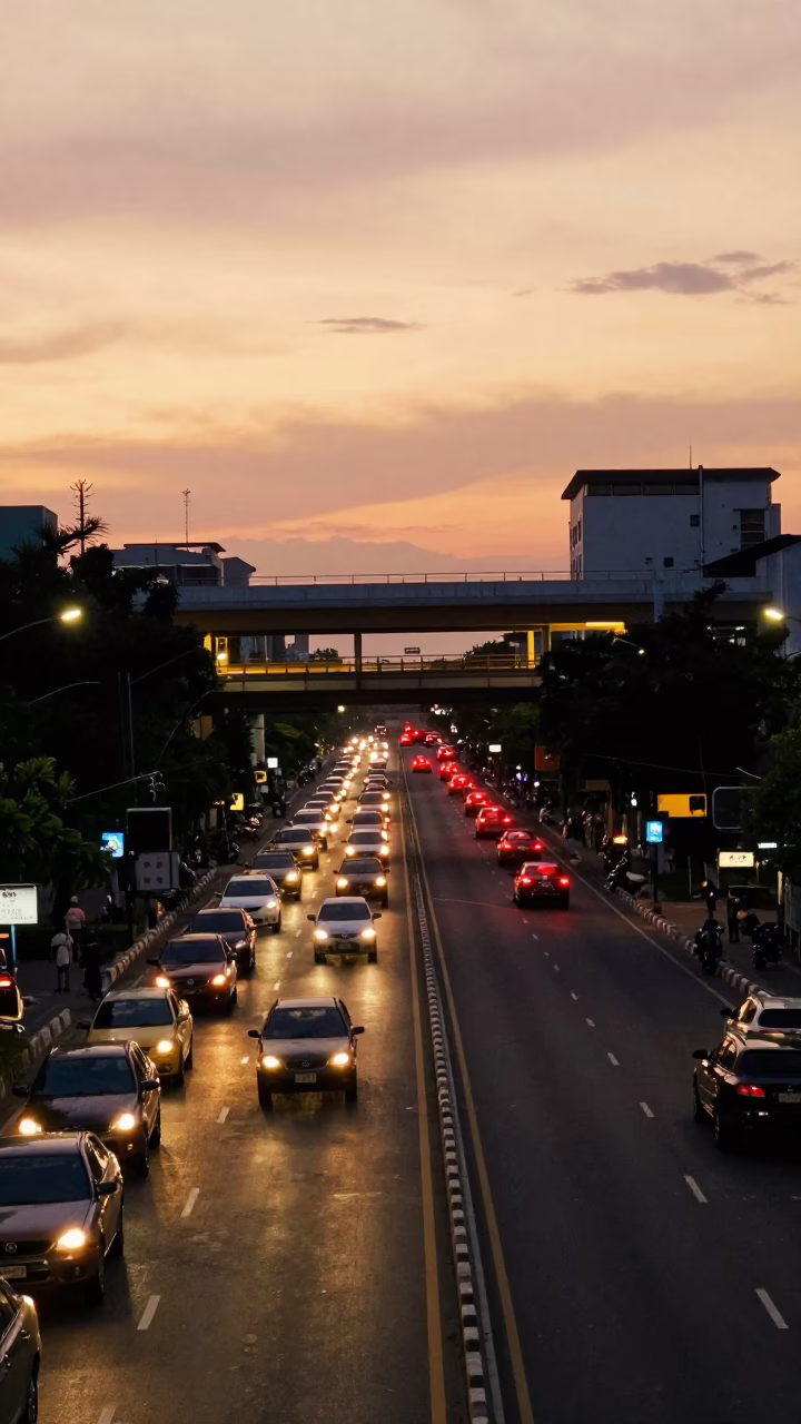 Surabaya Indonesia Sunset Street Scene with Overpass Interchange and Taillight Streaks in in Surabaya, Indonesia